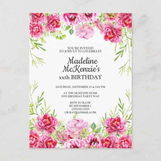 Roze bloemige verjaardagsfeest uitnodiging (Voorkant)