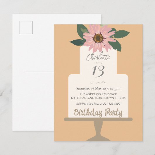 Roze bloemige verjaardagstaart  briefkaart (Voorkant / Achterkant)