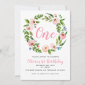 Roze bloemige verjaardagsuitnodigingen 1 jaar | Pi Kaart (Voorkant)