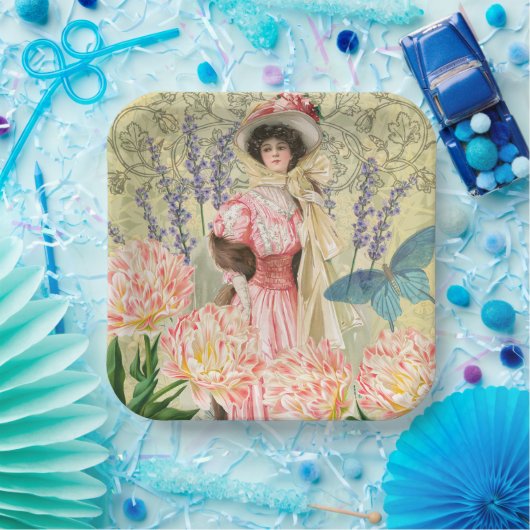 Roze Bloemige Victoriaanse Vrouw Regency Papieren Bordje (Feest)