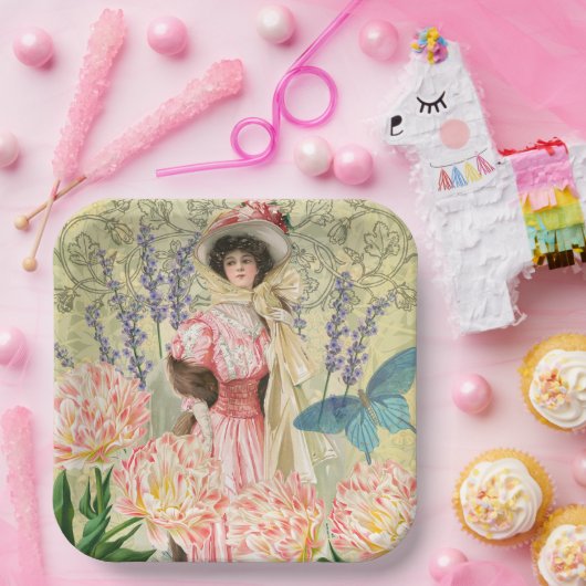 Roze Bloemige Victoriaanse Vrouw Regency Papieren Bordje (Feest)