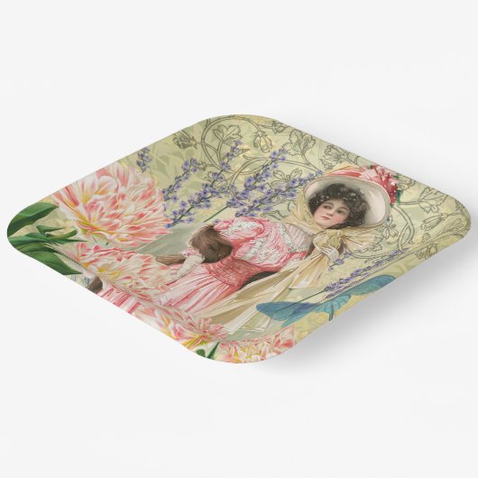 Roze Bloemige Victoriaanse Vrouw Regency Papieren Bordje (Gebogen)