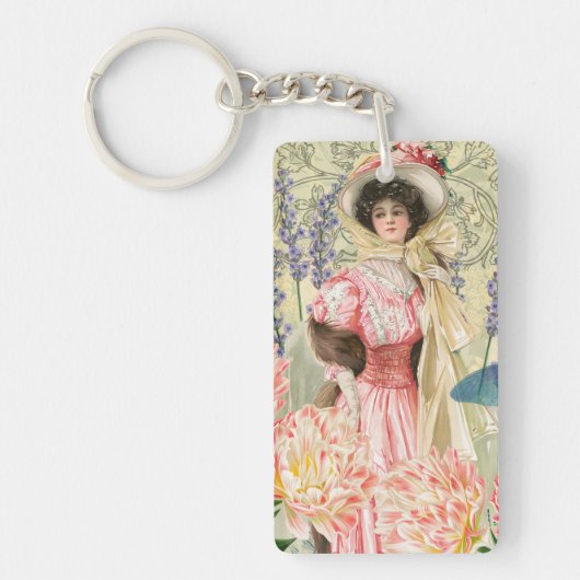 Roze Bloemige Victoriaanse Vrouw Regency Sleutelhanger (Voorkant)