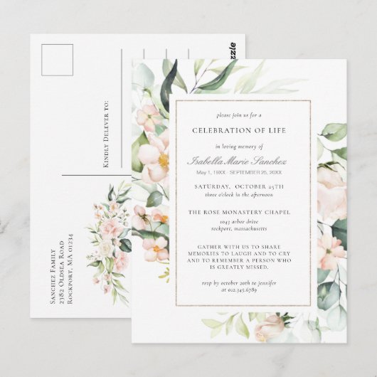 Roze bloemige viering van levens rouwkaart briefkaart (Voorkant / Achterkant)