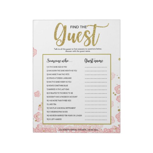 Roze Bloemige Vind de Gast Bruidsfeest Spel Notitieblok (Linkerzijde)