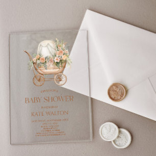 Roze Bloemige Vintage Baby Carriage Baby Shower Acryl Uitnodigingen