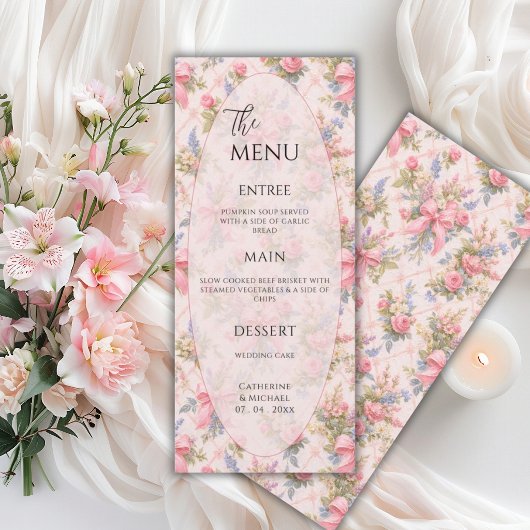 Roze Bloemige Vintage Elegante Trouw Menu