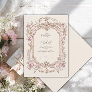 Roze bloemige vintage lijst elegante trouw kaart