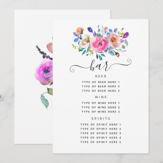 Roze Bloemige Vintage Trouwbar Menu (Voorkant / Achterkant)