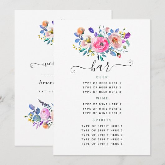Roze Bloemige Vintage Trouwbar Menu (Voorkant / Achterkant)