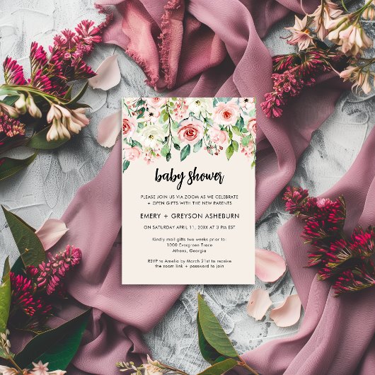 Roze bloemige virtuele babyshower uitnodiging