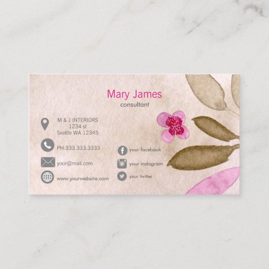 Roze  bloemige visitekaartjes (Achterkant)
