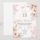 Roze bloemige vlinders Quinceañera Kaart (Voorkant / Achterkant)