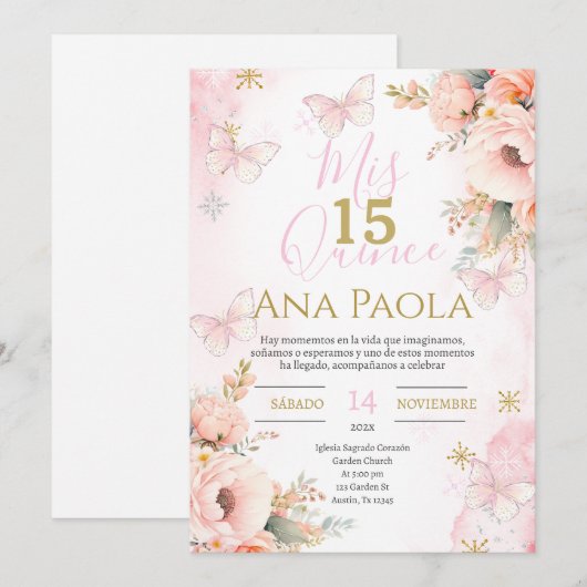 Roze bloemige vlinders Quinceañera Kaart (Voorkant / Achterkant)