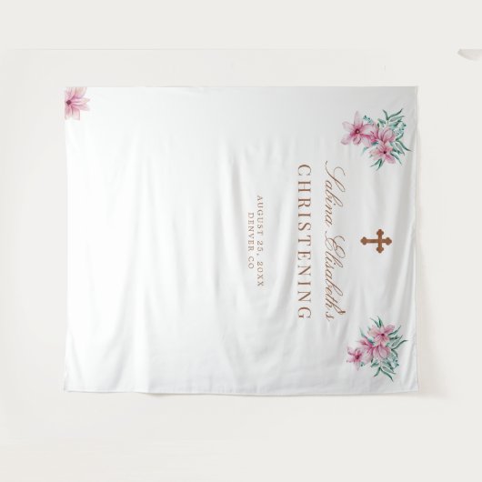 Roze bloemige watercolor Doop foto prop Wandkleed (Voorkant (horizontaal))