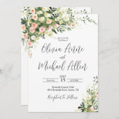 Roze Bloemige Watercolor Script Uitnodiging (Voorkant / Achterkant)