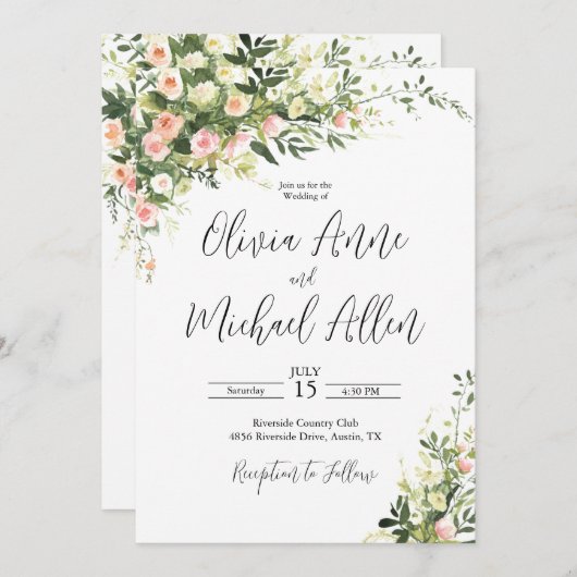 Roze Bloemige Watercolor Script Uitnodiging (Voorkant / Achterkant)