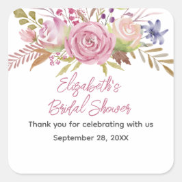 Roze Bloemige Waterverf Botanische Bruidsdouche Vierkante Sticker