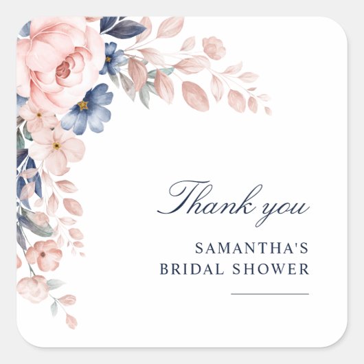 Roze Bloemige Waterverf Bruidsdouche Bedanktkaart Vierkante Sticker (Voorkant)