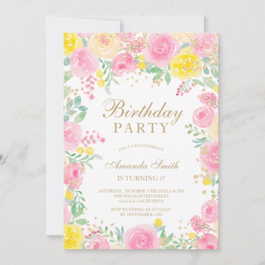 Roze bloemige waterverf foto kids verjaardagsfeest kaart (Voorkant)