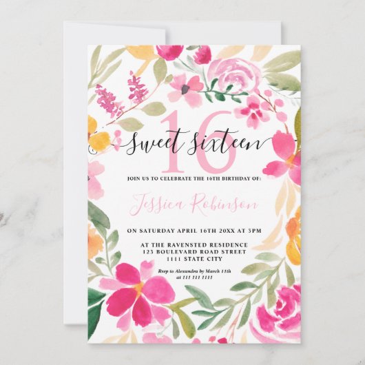 Roze bloemige waterverf krans script Sweet 16 Kaart (Voorkant)