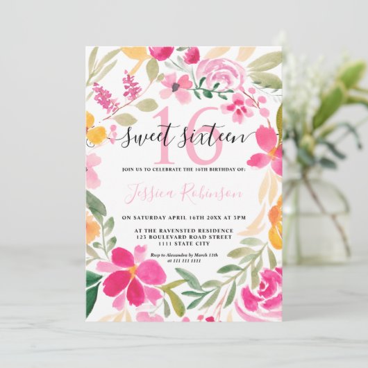 Roze bloemige waterverf krans script Sweet 16 Kaart (Staand voorkant)