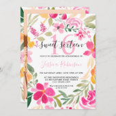 Roze bloemige waterverf krans script Sweet 16 Kaart (Voorkant / Achterkant)