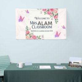 Roze Bloemige Waterverf Leraar Klaslokaal Welkom P Spandoek