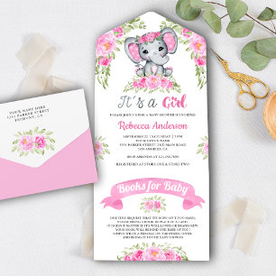 Roze Bloemige Waterverf Olifant Baby Shower All In One Uitnodiging
