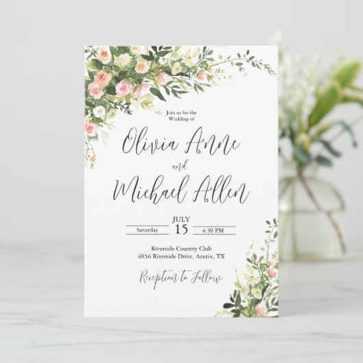 Roze Bloemige Waterverf Script Uitnodiging (Staand voorkant)