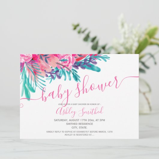 Roze bloemige waterverf typografie baby shower kaart (Staand voorkant)
