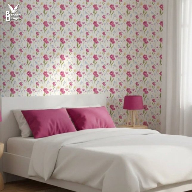 Roze Bloemige Waterverf Wilde Bloem Behang (Pretty Pink Wildflower Wallpaper. Ideal diy spring decor for feminine bedroom. Matching available.)