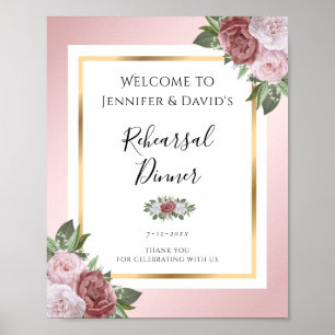 Roze bloemige welkomstbord voor oefendiner poster