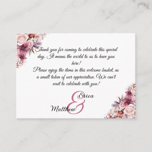 Roze bloemige welkomstcadeautas mand plaatskaart informatiekaartje (Voorkant)