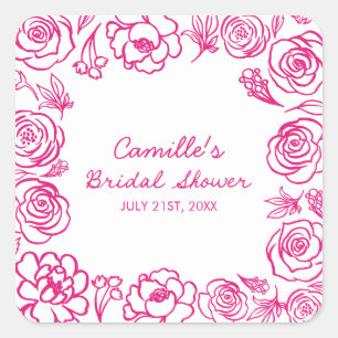 Roze Bloemige Whimsical Bruiloftsborrel Vierkante Sticker