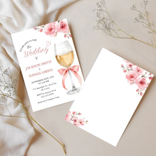 Roze Bloemige Wijn Glas Aquarel Bruiloft Kaart