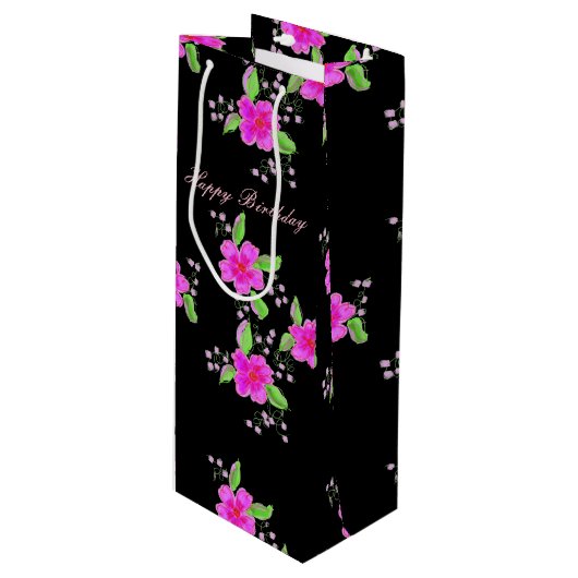 roze bloemige wijnzak wijn cadeautas (Voorkant Gekanteld)