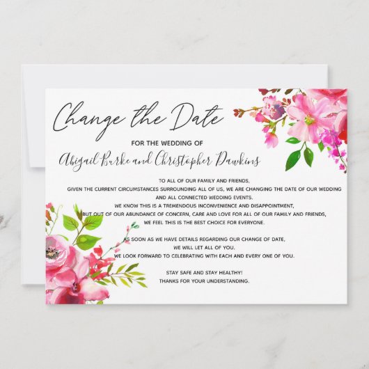 Roze bloemige wijziging of uitstel van de datum kaart (Voorkant)