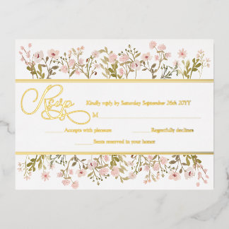 Roze Bloemige Wilde Bloemen Botanische RSVP Echte Folie Uitnodiging Briefkaart