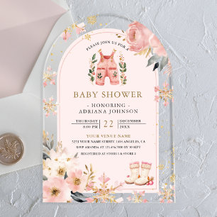 Roze Bloemige Winter Wonderland Boog Baby Shower Acryl Uitnodigingen