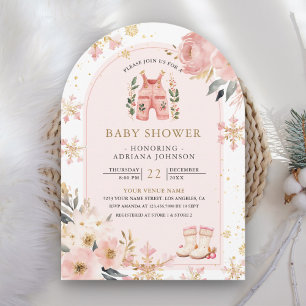 Roze Bloemige Winter Wonderland Boog Baby Shower Kaart