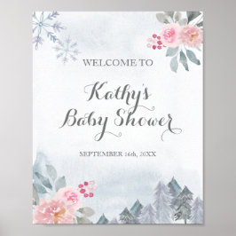 Roze bloemige wintersneeuwvlokken welkom poster