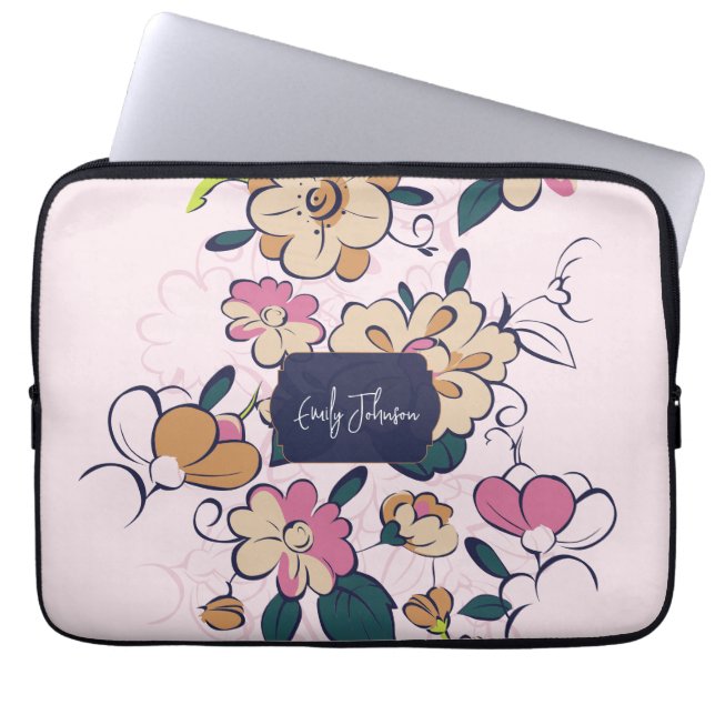 Roze bloemige zachte aangepaste naam pastel bloem  laptop sleeve (Voorkant)