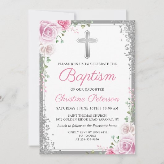 Roze Bloemige Zilveren Glitter Meisje Doop Uitnodi Kaart (Voorkant)