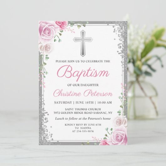 Roze Bloemige Zilveren Glitter Meisje Doop Uitnodi Kaart (Staand voorkant)