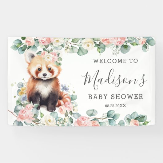 Roze Bloemige Zoete Rode Panda Baby Shower Welkom Spandoek (Horizontaal)