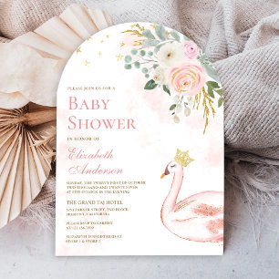 Roze Bloemige Zwanen Prinses Boog Baby Shower Kaart