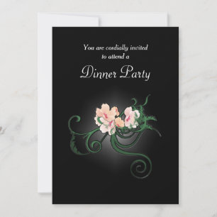 Roze bloemillustratie op zwart dinerfeestje kaart
