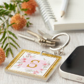 Roze bloeminitiaal | Elegant bloesemmonogram Sleutelhanger (Voorkant Rechts)