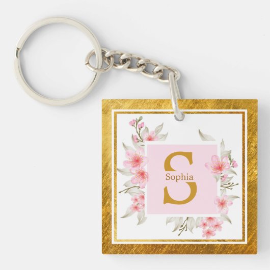 Roze bloeminitiaal | Elegant bloesemmonogram Sleutelhanger (voorkant)